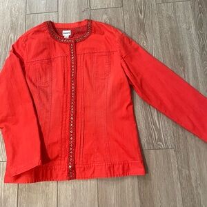 Chico's Coral/Red Embellished Jacket W/Stylish Stitching Details & Snaps. Size 3